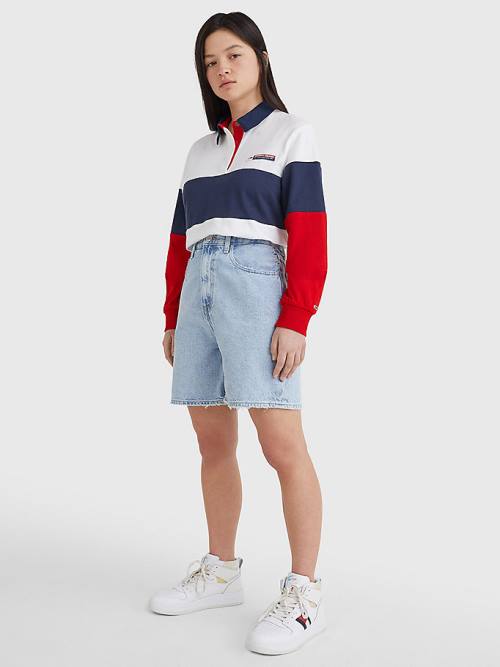 Blue Tommy Hilfiger Boxy Cropped Long Sleeve Women's Polo Shirts | TH291LBJ