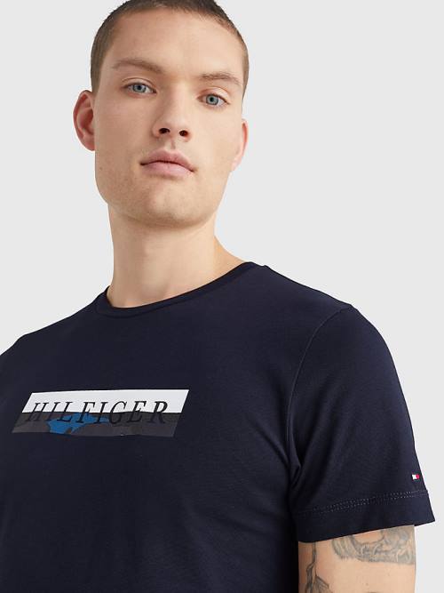 Blue Tommy Hilfiger Camo Graphic Logo Men's T Shirts | TH198WMS