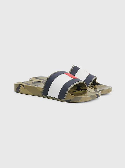 Blue Tommy Hilfiger Camo Print Flag Pool Slides Men\'s Sandals | TH629VSO