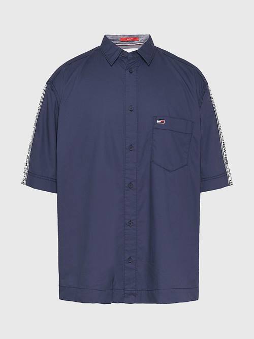 Blue Tommy Hilfiger Casual Logo Tape Short Sleeve Men's Shirts | TH894VSQ