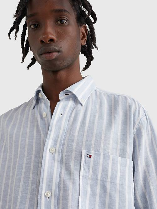 Blue Tommy Hilfiger Casual Stripe Men's Shirts | TH538SLE