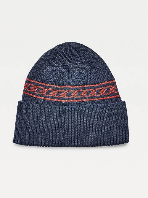 Blue Tommy Hilfiger Chain Link Knit Beanie Women's Hats | TH046OSP