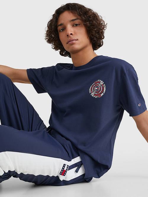 Blue Tommy Hilfiger Circular Back Logo Men's T Shirts | TH754LAB