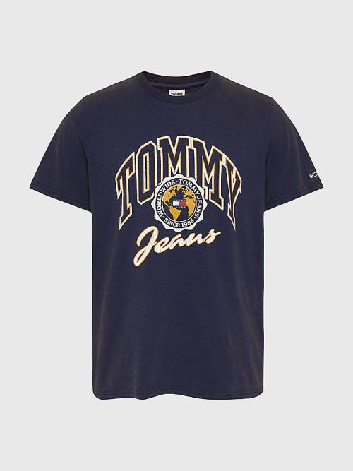 Blue Tommy Hilfiger College Logo Men's T Shirts | TH354NWQ