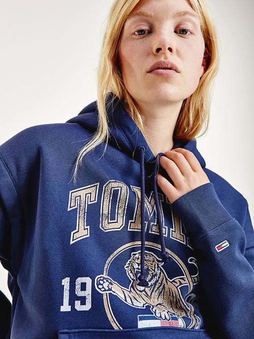 Blue Tommy Hilfiger College Tiger Logo Relaxed Women's Hoodie | TH430TBG