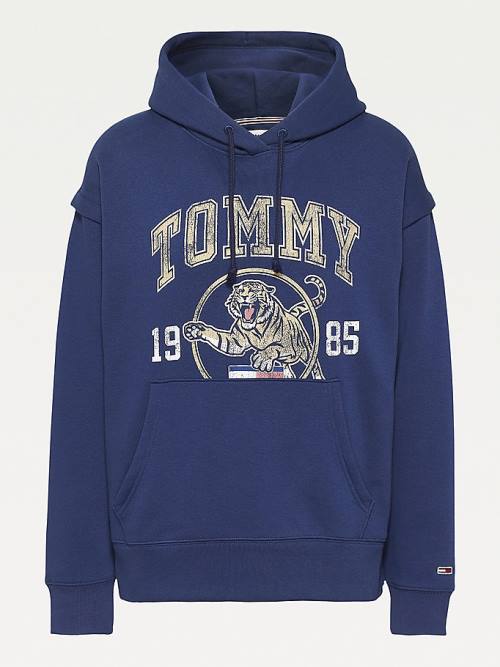 Blue Tommy Hilfiger College Tiger Logo Relaxed Women's Hoodie | TH430TBG