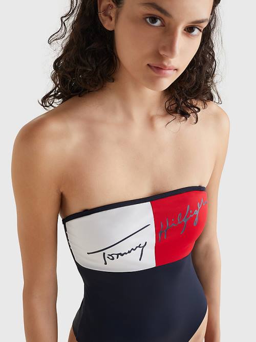 Blue Tommy Hilfiger Colour-Blocked Bandeau One Piecesuit Women's Swimwear | TH069OVK