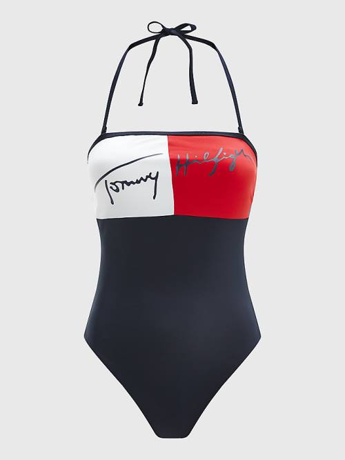 Blue Tommy Hilfiger Colour-Blocked Bandeau One Piecesuit Women's Swimwear | TH069OVK