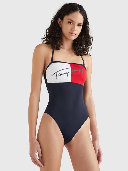 Blue Tommy Hilfiger Colour-Blocked Bandeau One Piecesuit Women\'s Swimwear | TH069OVK