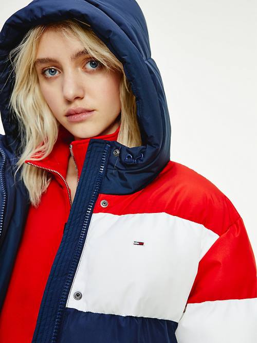 Blue Tommy Hilfiger Colour-Blocked Belted Down Puffer Women's Jackets | TH456MFQ