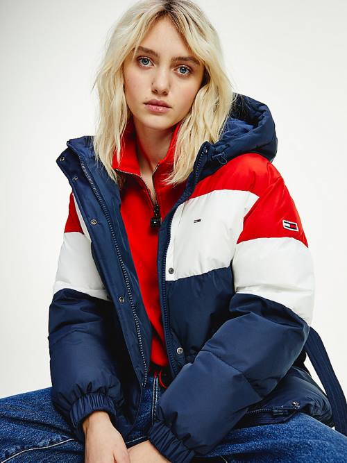 Blue Tommy Hilfiger Colour-Blocked Belted Down Puffer Women's Jackets | TH456MFQ