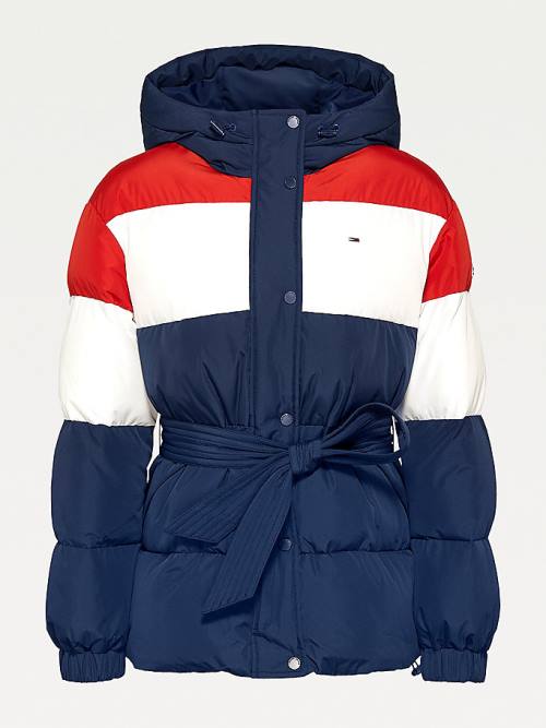 Blue Tommy Hilfiger Colour-Blocked Belted Down Puffer Women's Jackets | TH456MFQ