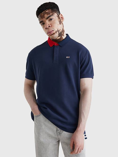 Blue Tommy Hilfiger Colour-Blocked Collar Relaxed Fit Men\'s Polo Shirts | TH071JYU