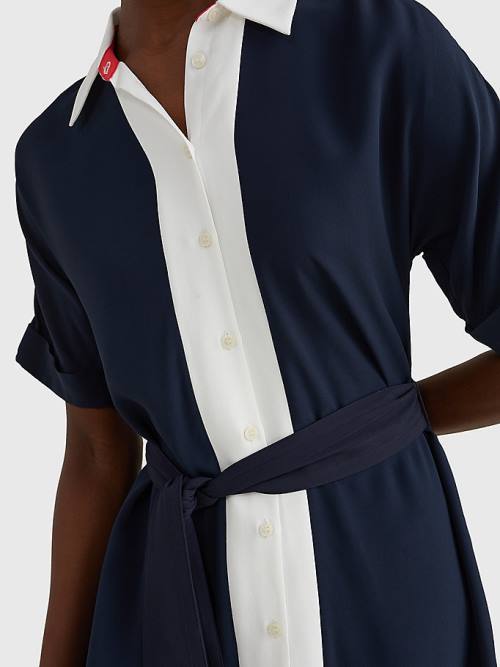 Blue Tommy Hilfiger Colour-Blocked Midi Shirt Women's Dress | TH680QKL