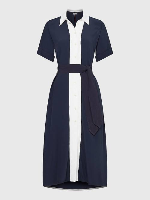 Blue Tommy Hilfiger Colour-Blocked Midi Shirt Women's Dress | TH680QKL