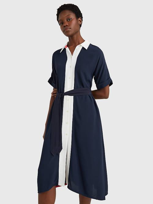 Blue Tommy Hilfiger Colour-Blocked Midi Shirt Women\'s Dress | TH680QKL