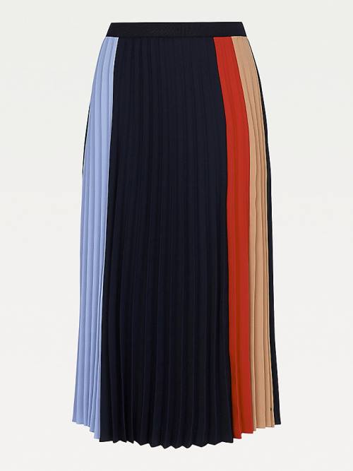 Blue Tommy Hilfiger Colour-Blocked Pleated Crepe Midi Women's Skirts | TH490IJF