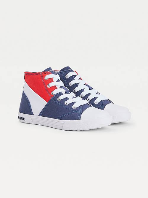 Blue Tommy Hilfiger Colour-Blocked Recycled Cotton Canvas High-Top Girls\' Sneakers | TH249FAI