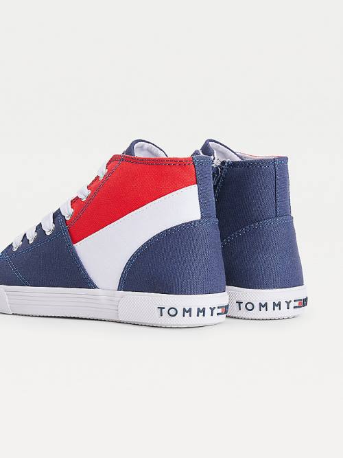 Blue Tommy Hilfiger Colour-Blocked Recycled Cotton Canvas High-Top Boys' Sneakers | TH913AJN