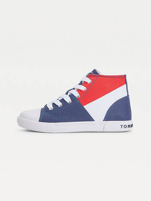 Blue Tommy Hilfiger Colour-Blocked Recycled Cotton Canvas High-Top Boys' Sneakers | TH913AJN