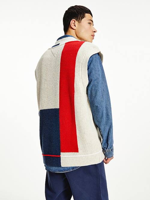 Blue Tommy Hilfiger Colour-Blocked V-Neck Vest Men's Sweatshirts | TH076PLZ