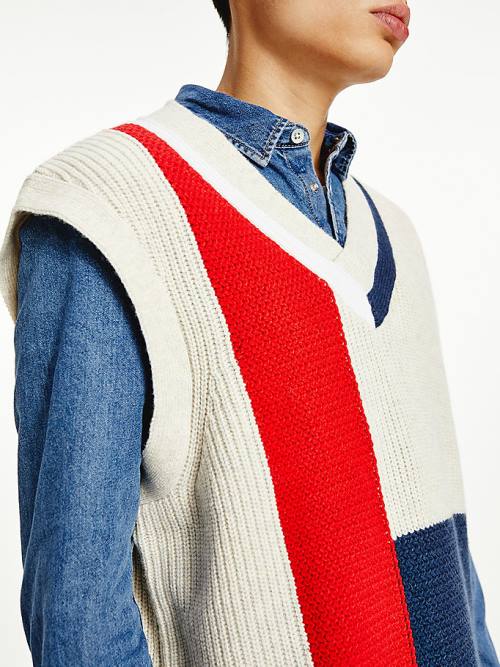 Blue Tommy Hilfiger Colour-Blocked V-Neck Vest Men's Sweatshirts | TH076PLZ