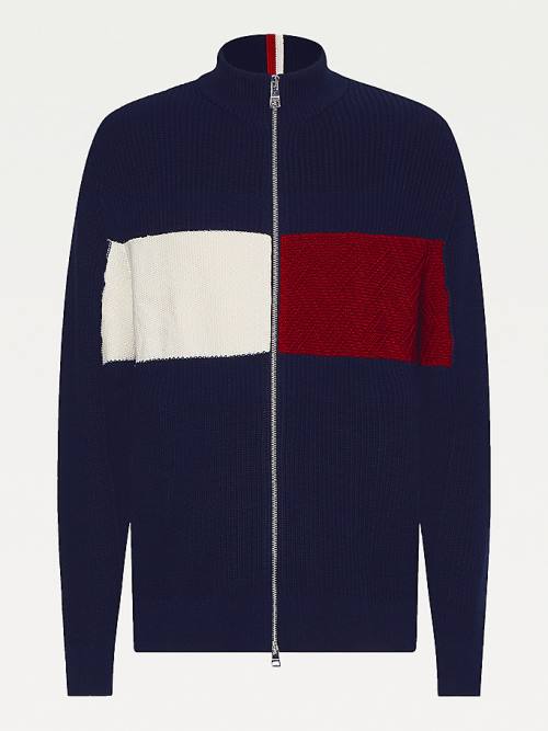 Blue Tommy Hilfiger Colour-Blocked Zip-Thru Stripe Cardigan Men's Sweaters | TH084RBU