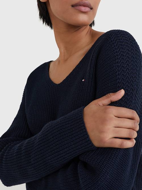 Blue Tommy Hilfiger Contrast Knit Relaxed Fit V-Neck Jumper Women's Sweaters | TH478YHC