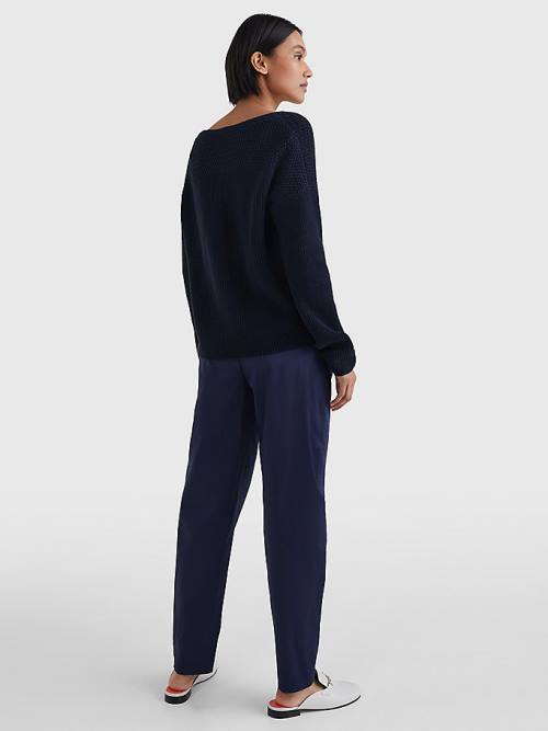 Blue Tommy Hilfiger Contrast Knit Relaxed Fit V-Neck Jumper Women's Sweaters | TH478YHC