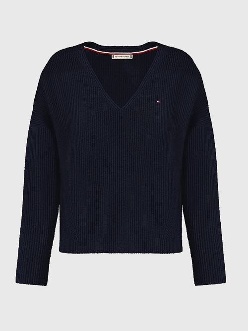 Blue Tommy Hilfiger Contrast Knit Relaxed Fit V-Neck Jumper Women's Sweaters | TH478YHC