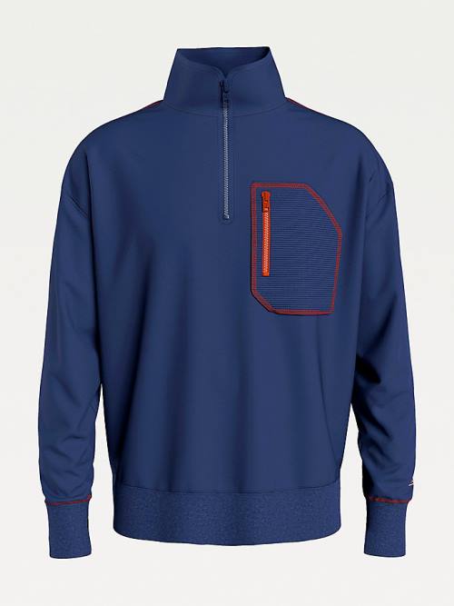 Blue Tommy Hilfiger Contrast Pocket Half-Zip Men's Sweatshirts | TH402THY