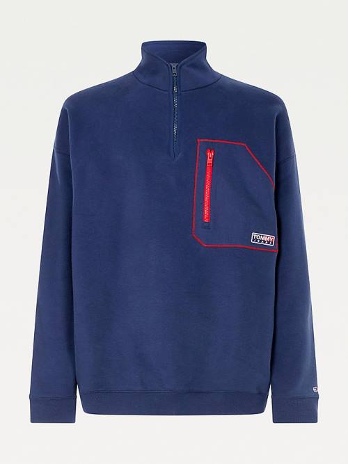 Blue Tommy Hilfiger Contrast Pocket Half-Zip Men's Sweatshirts | TH402THY