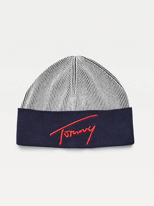 Blue Tommy Hilfiger Contrast Rim Signature Beanie Women\'s Hats | TH109IYD