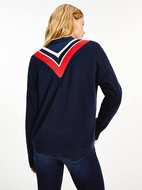 Blue Tommy Hilfiger Contrast V-Neck Relaxed Fit Jumper Women's Sweaters | TH274OJH