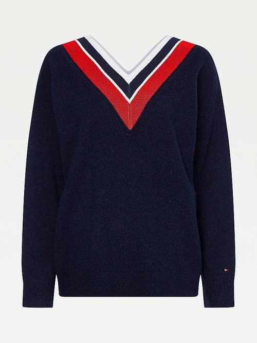 Blue Tommy Hilfiger Contrast V-Neck Relaxed Fit Jumper Women's Sweaters | TH274OJH