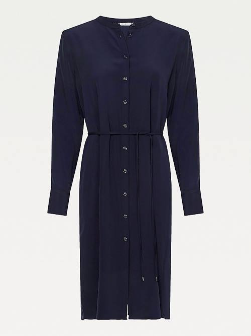 Blue Tommy Hilfiger Crepe Tie Waist Shirt Women's Dress | TH648CWL