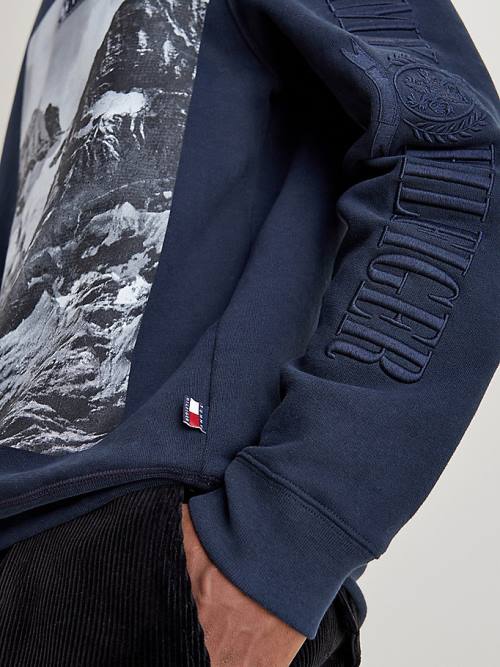 Blue Tommy Hilfiger Crest Landscape Print Men's Sweatshirts | TH281UQS