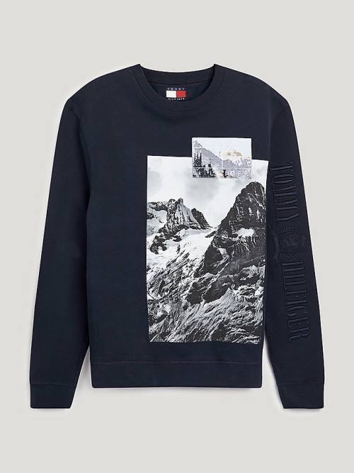 Blue Tommy Hilfiger Crest Landscape Print Men's Sweatshirts | TH281UQS