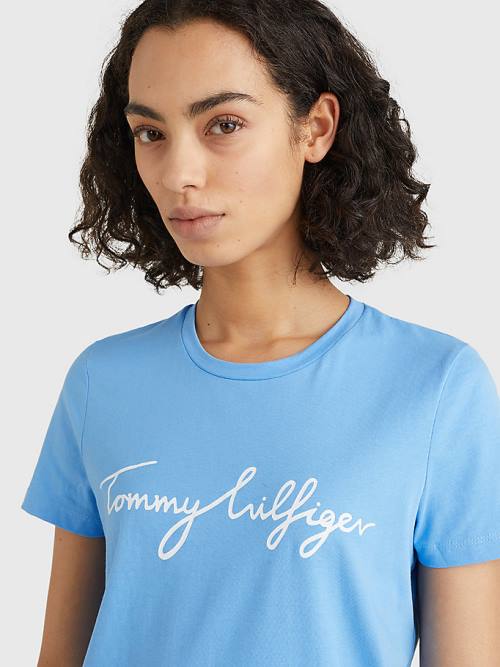 Blue Tommy Hilfiger Crew Neck Graphic Signature Logo Women's T Shirts | TH094YMZ