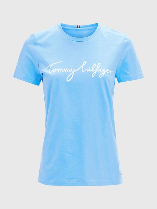 Blue Tommy Hilfiger Crew Neck Graphic Signature Logo Women's T Shirts | TH094YMZ