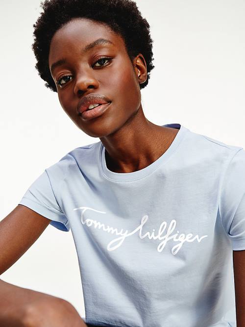 Blue Tommy Hilfiger Crew Neck Graphic Signature Logo Women\'s T Shirts | TH726SVE