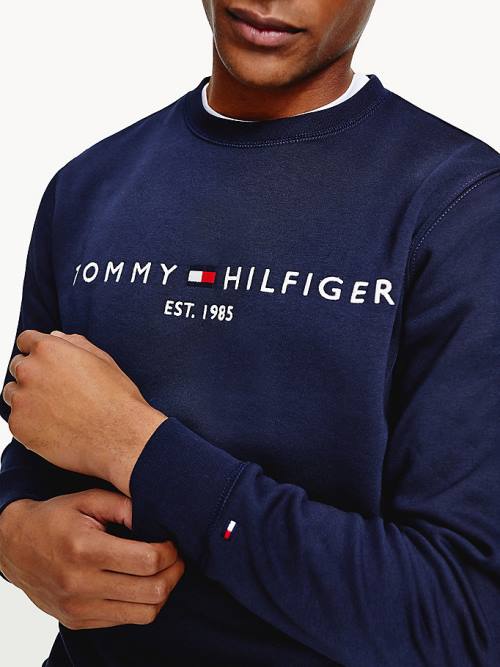 Blue Tommy Hilfiger Crew Neck Logo Men's Sweatshirts | TH520KJZ