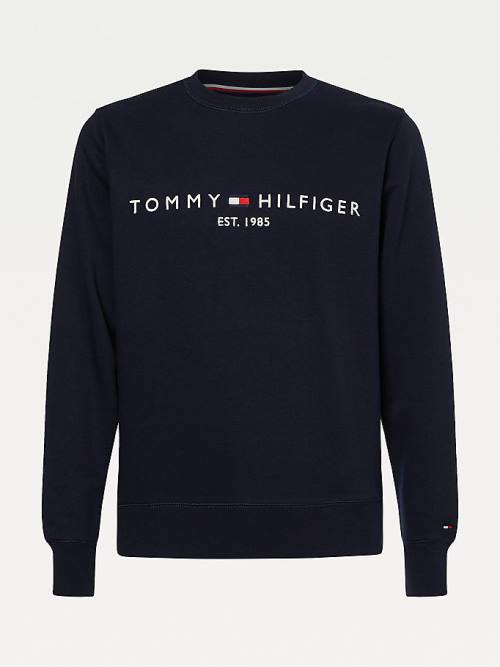 Blue Tommy Hilfiger Crew Neck Logo Men's Sweatshirts | TH520KJZ