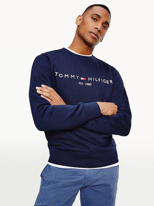 Blue Tommy Hilfiger Crew Neck Logo Men\'s Sweatshirts | TH520KJZ