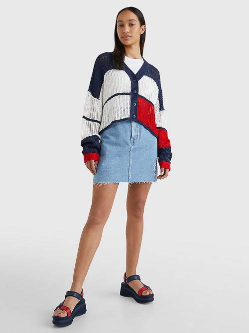 Blue Tommy Hilfiger Cropped Colour-Blocked Cardigan Women's Sweaters | TH723QLU