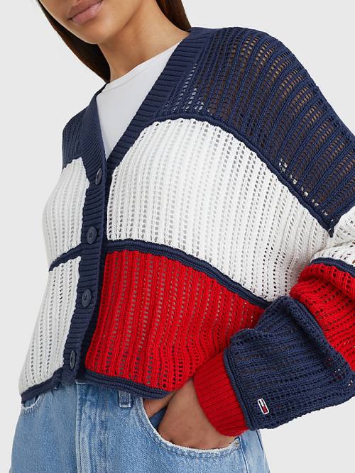 Blue Tommy Hilfiger Cropped Colour-Blocked Cardigan Women's Sweaters | TH723QLU