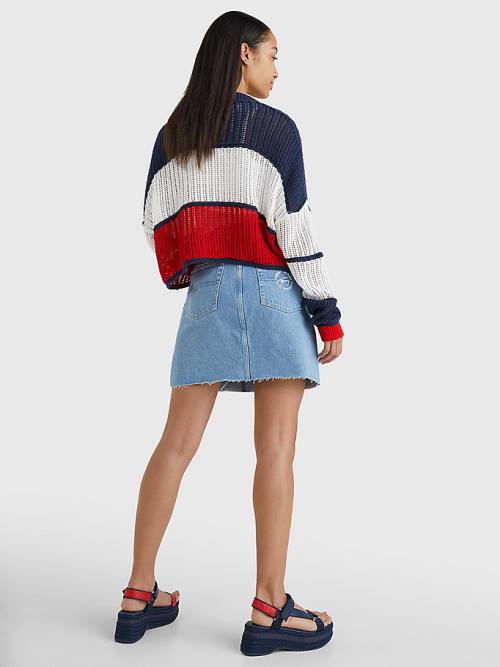 Blue Tommy Hilfiger Cropped Colour-Blocked Cardigan Women's Sweaters | TH723QLU