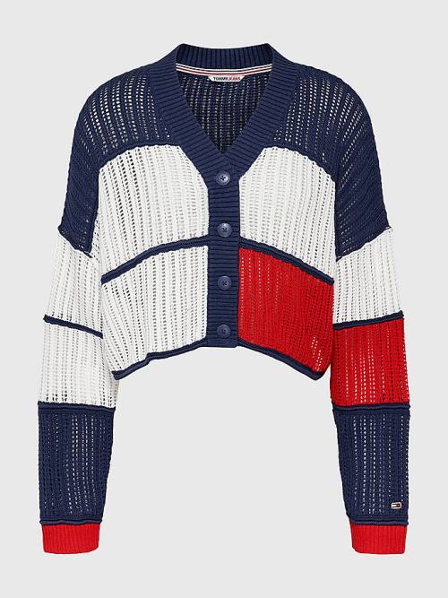 Blue Tommy Hilfiger Cropped Colour-Blocked Cardigan Women's Sweaters | TH723QLU