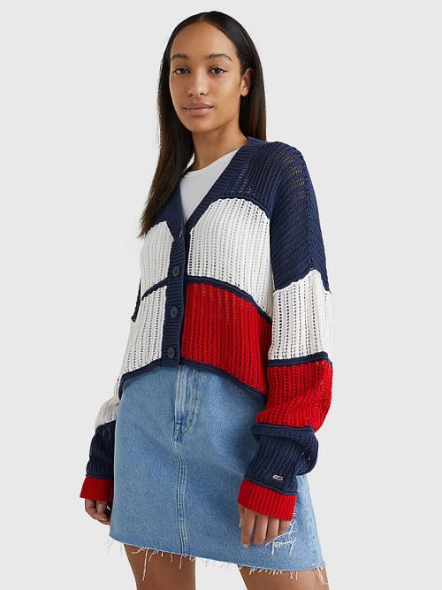 Blue Tommy Hilfiger Cropped Colour-Blocked Cardigan Women\'s Sweaters | TH723QLU