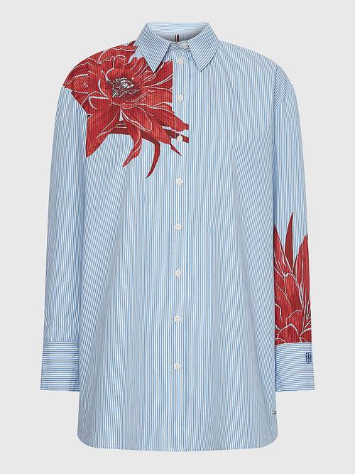 Blue Tommy Hilfiger Curve Floral Print Stripe Boyfriend Women's Shirts | TH784YVG